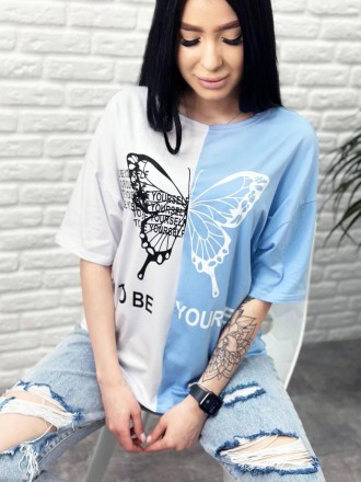 Двоколірна жіноча модна футболка
Футболка "Butterfly" має вільний крій, подовжен. . фото 13