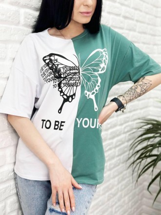 Двоколірна жіноча модна футболка
Футболка "Butterfly" має вільний крій, подовжен. . фото 2