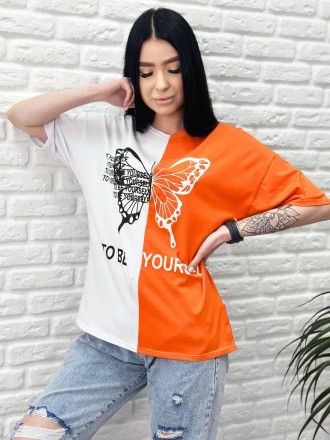 Двоколірна жіноча модна футболка
Футболка "Butterfly" має вільний крій, подовжен. . фото 6