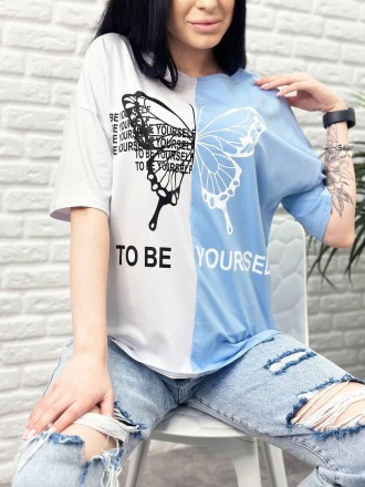Двоколірна жіноча модна футболка
Футболка "Butterfly" має вільний крій, подовжен. . фото 7