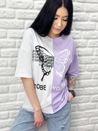 Двоколірна жіноча модна футболка
Футболка "Butterfly" має вільний крій, подовжен. . фото 11
