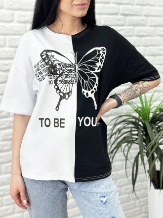 Двоколірна жіноча модна футболка
Футболка "Butterfly" має вільний крій, подовжен. . фото 5