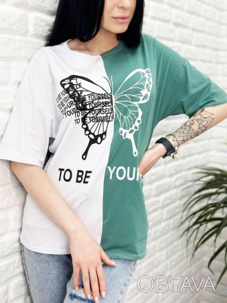 Двоколірна жіноча модна футболка
Футболка "Butterfly" має вільний крій, подовжен. . фото 1