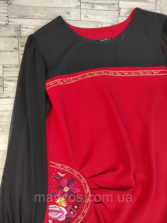 Женское платье Dea Dia красное с чёрным украшено вышивкой и стразами рукав шифон. . фото 3
