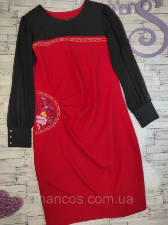 Женское платье Dea Dia красное с чёрным украшено вышивкой и стразами рукав шифон. . фото 2