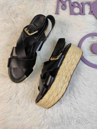 Женские босоножки Zara сандалии черные кожаные на плетёной платформе Размер 38