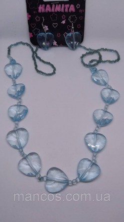 Набор бусы и серьги с бисера и прозрачных камней в форме сердца голубого цвета 
. . фото 3