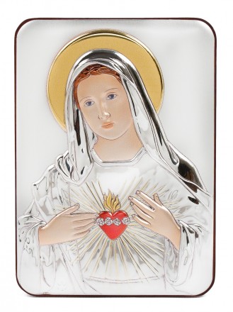 Серебряная икона Сердце Марии в прямоугольной форме с эмалью 7х10см 
 
 Серебрян. . фото 2