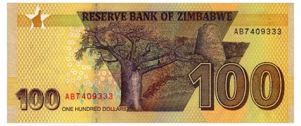 ЗИМБАБВЕ — ZIMBABWE 100 DOLLARS 2020 Unc No144. . фото 3