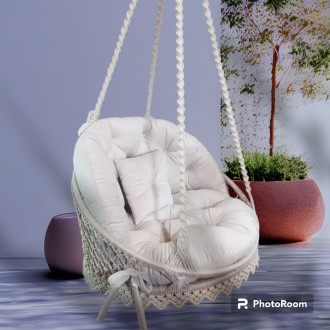 Подвесное кресло-гамак в стиле макраме, молочного цвета с шикарными и уютными по. . фото 2