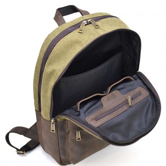 Мужcкой рюкзак кожа и канвас хакки для ноутбука TARWA RHc-7273-3md на два отделе. . фото 3