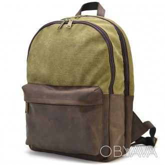 Мужcкой рюкзак кожа и канвас хакки для ноутбука TARWA RHc-7273-3md на два отделе. . фото 1