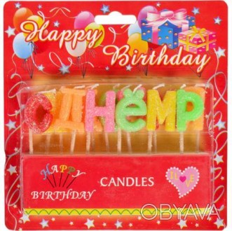 ![CDATA[Свічки на торт "С Днем Рождения". Це набір свічок букв з блискітками. Ко. . фото 1