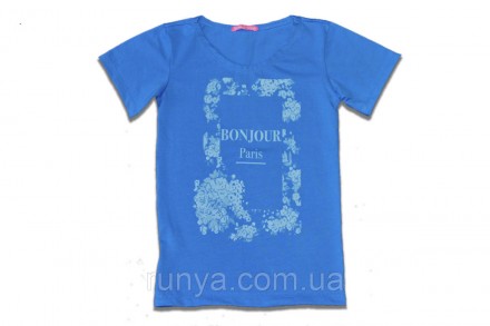Летняя детская футболка для девочки. Футболка для девочки с принтом Bonjour их о. . фото 2