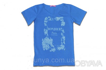 Летняя детская футболка для девочки. Футболка для девочки с принтом Bonjour их о. . фото 1