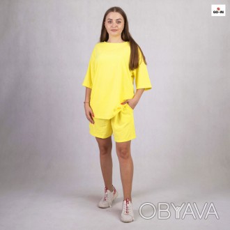 Костюм женский футболка с шортами оверсайз однотонный летний желтый 44-52р
Летни. . фото 1