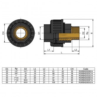 
Муфта ПВХ Effast переходная с нар. резьбой, латунь d40x1-1/4". . фото 3