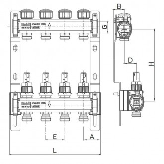 
Коллектор с расходомером и термостатическими клапанами Roho R804-04 - 1"х 4 вых. . фото 4