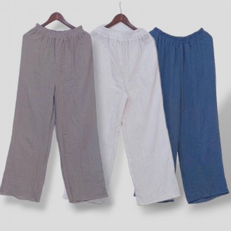 Женские летние брюки жатка палаццо из муслина, 100% хлопок, белые, синие, серые,. . фото 3