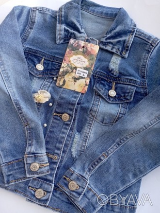 Куртка джинсовая детская (1-3 года) с цветочками и бусинами