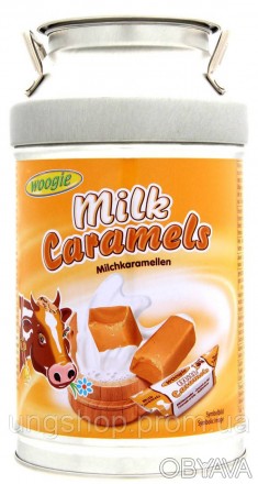 Цукерки Вугі бідончик (копілка) з ірисками Woogie milk caramels 250g Цукерки Woo. . фото 1