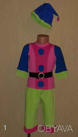 продам  карнавальный костюм гнома, розовая кофта, зеленые штаны, синяя шапка, на. . фото 1
