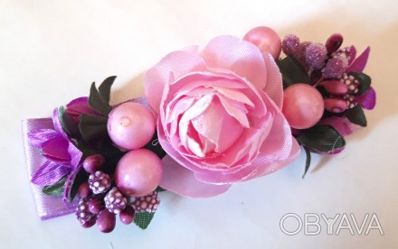 Заколка для волос из цветами и ягодками Handmade (9х3см) Розовая (ZA-020)