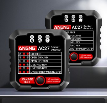 Тестер розеток ANENG AC27 - це пристрій для перевірки підключення фази, нуля та . . фото 2