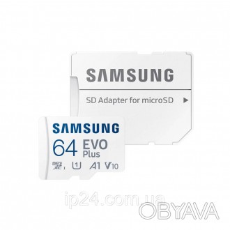 Карта памяти Samsung Evo Plus microSDXC 64GB UHS-I U1 V10 A1 + SD адаптер сочета. . фото 1