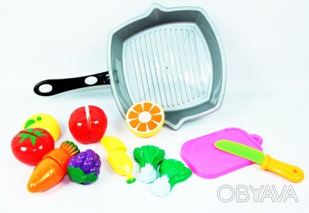 Дитяча іграшка продукти що розрізаються на липучці, сковорідка, ніж, дощечка, 30. . фото 1
