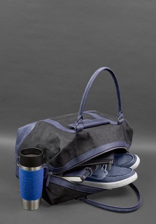 Дорожня сумка з канвасу та натуральної темно-синьої шкіри Crazy Horse від бренду. . фото 10