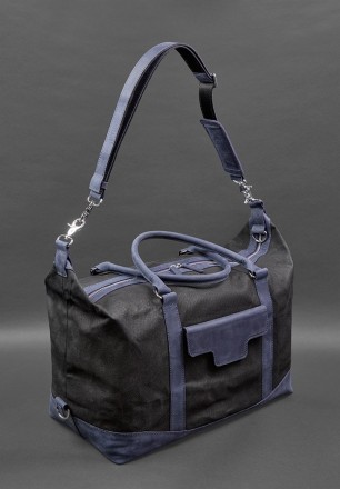Дорожня сумка з канвасу та натуральної темно-синьої шкіри Crazy Horse від бренду. . фото 6