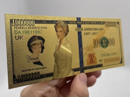 Сувенирная банкнота one million dollars Princess Diana, ПЭТ+фольга, высылаю посл. . фото 3