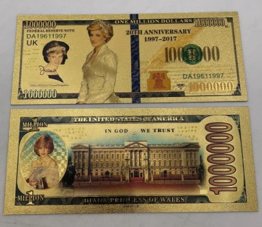 Сувенирная банкнота one million dollars Princess Diana, ПЭТ+фольга, высылаю посл. . фото 2