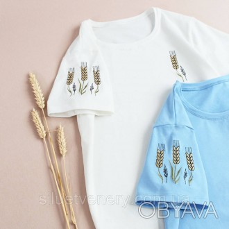 Жіноча футболка вишиванка з авторською вишивкою на рукавах Колосся пшениці – сим. . фото 1
