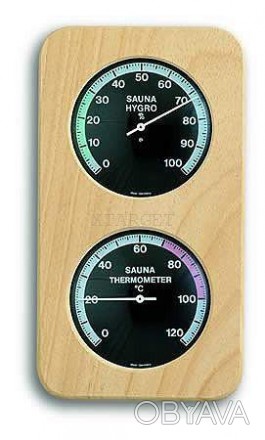 
Термометр гигрометр биметаллический для сауны TFA 401004
Деревянный корпус.
Син. . фото 1