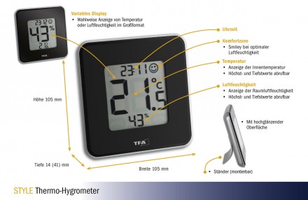
Термогигрометр цифровой TFA Style, 104x104x13 мм, черный
 
Цифровой термогигром. . фото 5