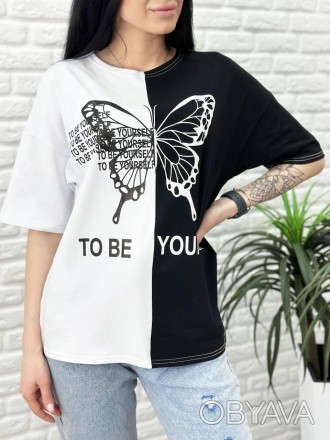 Двоколірна жіноча модна футболка
Футболка "Butterfly" має вільний крій, подовжен. . фото 1