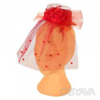  "АНАБЕЛЬ". Червоний капелюшок з вуаллю та трояндою "Анабель" на шпильках 
 Капе. . фото 1