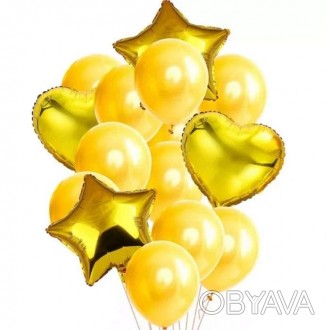  Набір кульок (уп.14шт) золото 
 У наборі: 10 шт. латексних куль 30см, 2 шт. фол. . фото 1