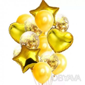  Набір кульок із блискітками (уп.14шт) золото 
 У наборі: 2 шт. Кулька серце фол. . фото 1