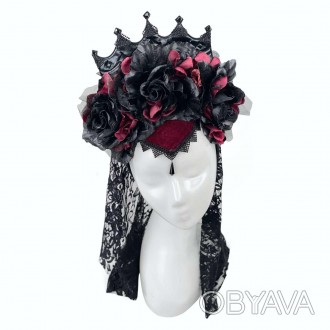 Обруч корона с цветами и фатой Обруч, декорированный розами, короной и черной ф. . фото 1