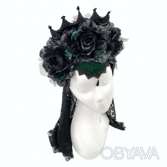  Обруч Моргана Обруч, декорированный розами, короной и черной фатой. Подойдет дл. . фото 1