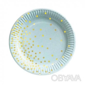  Паперові тарілки діам.18см Золоте конфетті на блакитному. (уп.10шт.) Посуд піді. . фото 1