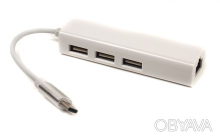 Переходник PowerPlant USB 3.1 Type-C - 3 порта USB 2.0 + Ethernet используется д. . фото 1