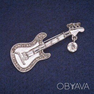 Брошь Гитара с белыми и серыми стразами, серебристый металл 22х57мм. . фото 1