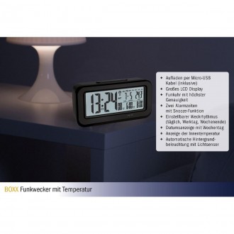 Будильник TFA BOXX, термометр, чёрный, 152x45x73 мм
Зарядка через кабель micro U. . фото 4
