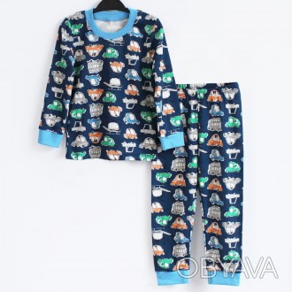 Піжама дитяча з штанами та кофтою на довгий рукав з машинками на темно-синьому ф. . фото 1