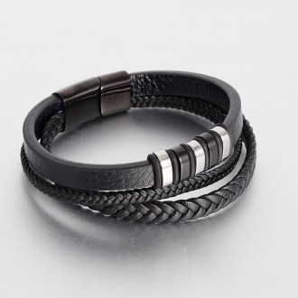 
 Мужской кожаный браслет со стальными серебряными вставками Black/Silver
Мужски. . фото 7