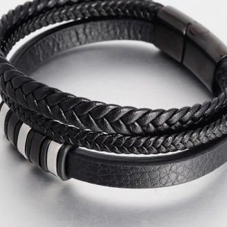 
 Мужской кожаный браслет со стальными серебряными вставками Black/Silver
Мужски. . фото 8